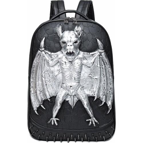 3D Leather Backpack Fashion Men Bat Backpack Computer Laptop Bags Cool Travel Bags Girls School Punk Rivets Halloween