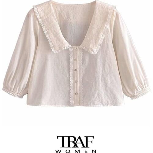 TRAF Za Women Sweet Fashion With Embroidered Collar Ruffle Blouses Vintage Three Quarter Sleeve Female Shirts Chic Tops