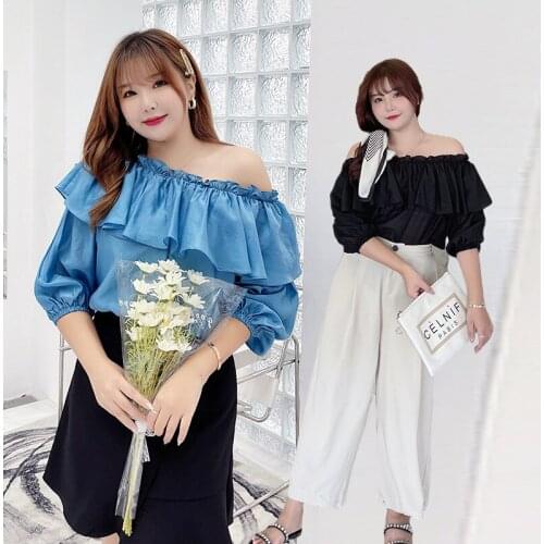 Large womens summer new one neck off shoulder chiffon Ruffle Top commuter shirt