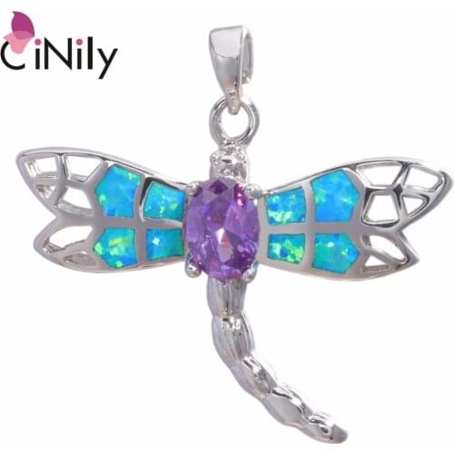 CiNily Created Blue Fire Opal Purple Zircon Silver Plated Wholesale Dragonfly for Women Jewelry Pendant Without the Chain OD6843