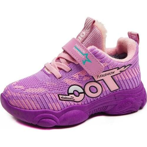 Autumn Winter Kids Sneakers Boys Sports Shoes Purple Black Girls Warm Sneaker Girls Cotton Inside Knitted Socks Shoes Footwear