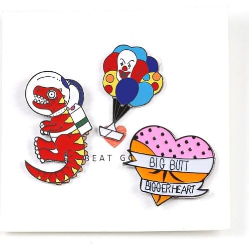Clown Balloon Dinosaur Heart Butt Funny Brooches Horror Comedy Movie Metal Enamel Pins Jackets Lapel Pin Badge Punk Jewelry Gift