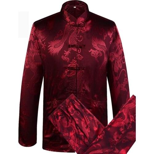 Wu Shu Tai Chi Sets Chinese Traditiona Mens Tang Suit Sets Long Sleeve Long Pants Dragon Kung Fu Suit High Quality new 2020