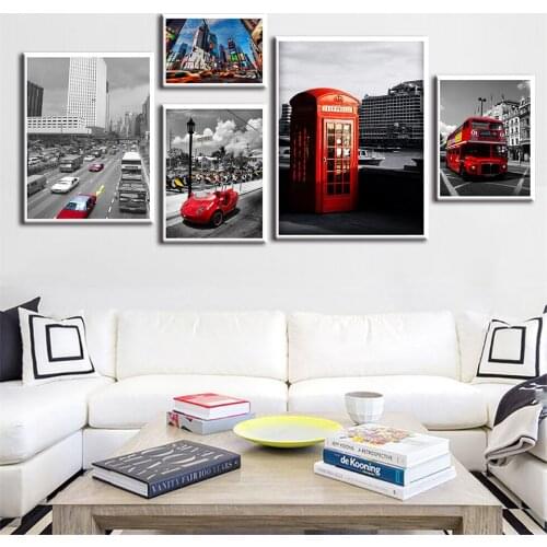 Red Car Building Photography Modern Decor Painting Wall Art Canvas Paintings Wall Pictures for Bedroom Livingroom B5203