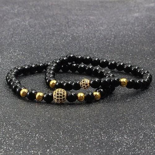 Set Bracelet Fashion Men Natural Black Matte Stone Gold Micro-inlaid Zircon CZ Ball Beaded Bracelets for Women Yoga Jewelry Gift