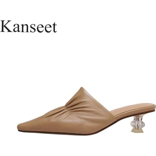 Kanseet 2021 New Women Shoes Summer Autumn Genuine Leather Mules Handmade Pointed Toes Fashion Design Mid Heels Slippers