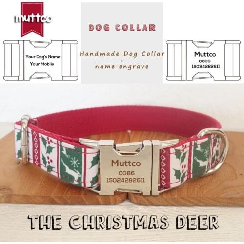 MUTTCO engraved metal buckle dog collar THE CHRISTMAS DEER handmade poly satin and nylon 5 sizes dog collar UDC094