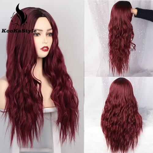 AISI BEAUTY Long Wavy Wigs for Black Women Wine Red Cosplay Wigs Synthetic Wigs for Women Middle Division Hair