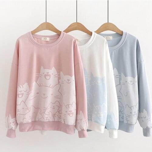 Spring Autumn Japanese Preppy Style College Girl Pullovers Women Cute Cat Printing Loose Female Sweatshirt Mori Girl U268