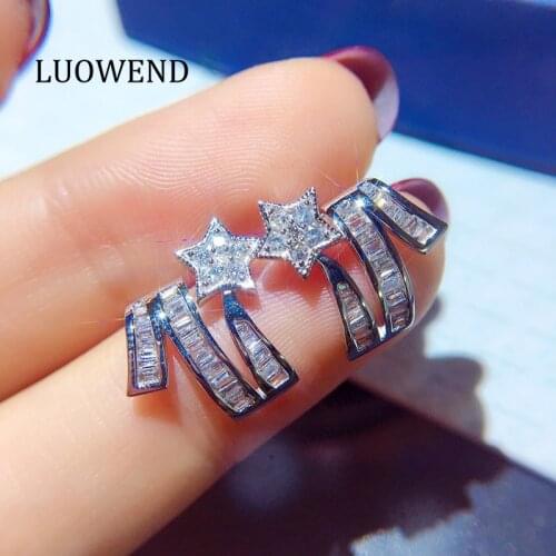 LUOWEND Real 18K White Gold Earrings Natural Diamond Earrings Engagement Party Jewelry Twist Meteor Shape Design