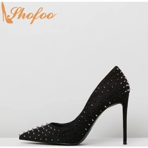 Black Stilettos High Thin Heels Women Pumps Pointed Toe Slip On Large Size 14 15 Ladies Summer Fashion Rivets Flock Shoes Shofoo