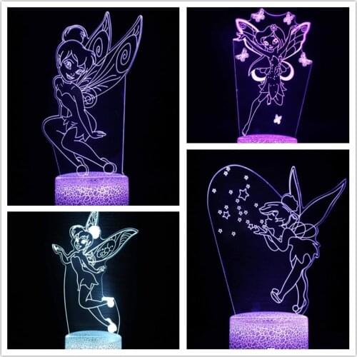 Disney Cartoon LED Night Light Fairy Tinker Bell 3D Lamp Princess Touch Optical Illusion Table Lamp Home Bedroom Decoration Gift