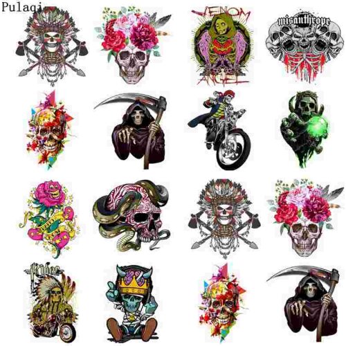 Pulaqi Skull Punk Rock Heat Vinyl Transfer Patches for Clothes Iron on Transfer Stranger Things Thermal Ironing Sticker Applique