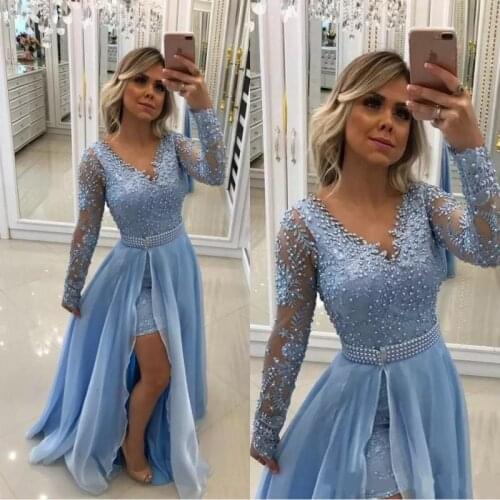 Prom Dresses V Neck Pearls Lace Appliques Baby Blue Long Sleeves With Detachable Skirt And Pearl Sash Evening Gowns