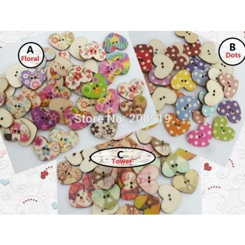 WBNALL Floral/Dots/Tower Pattern Printed Wood Buttons for craft Mix 200pcs 20MM*25MM Heart Button sewing accessories