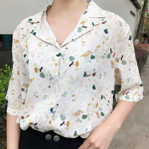 Harajuku Floral Printed Blouses Tops Women Summer Short Sleeve Turn-down V Neck Blouse blusas Female Chiffon Shirts