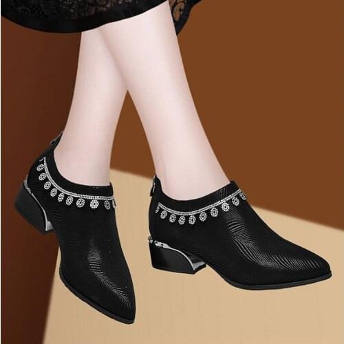 2021 Spring Women Bare Boots Mid Heels Dress Shoes Crystal Pumps Bling Ladies Shoes Pointed Toe High Top zapatos mujer 9046G