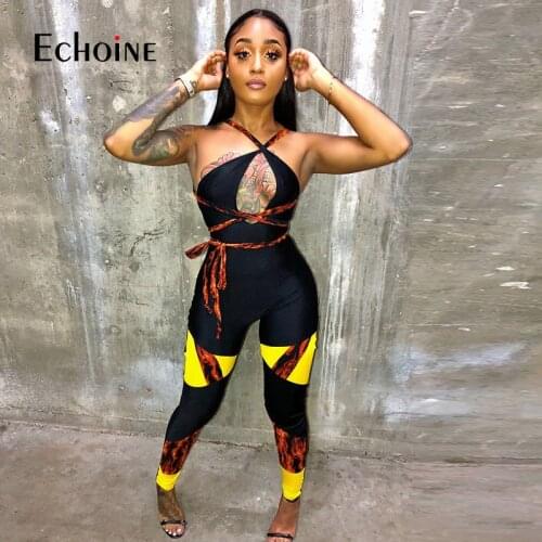 Echoine Women Stitching Printed Sexy Halter Strappy Trousers Jumpsuit Nightclub Party Hollow Bodycon Rompers Outfits Summer New