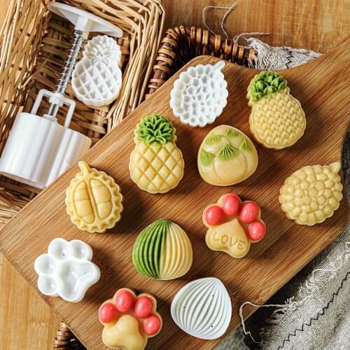 3Pcs/Set 50g Mooncake Barrel Mold 3D Stamp Hand Press Pastry Durian Pineapple Cat Claw Shell Moon Cake Mould Home DIY Bakeware