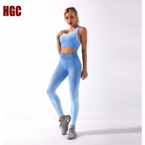 HGC Seamless Yoga Suit Ombre Sport Set Women Gradual Change Fitness Leggings Top Push-up Bra Short High Waist Pant Sportwear