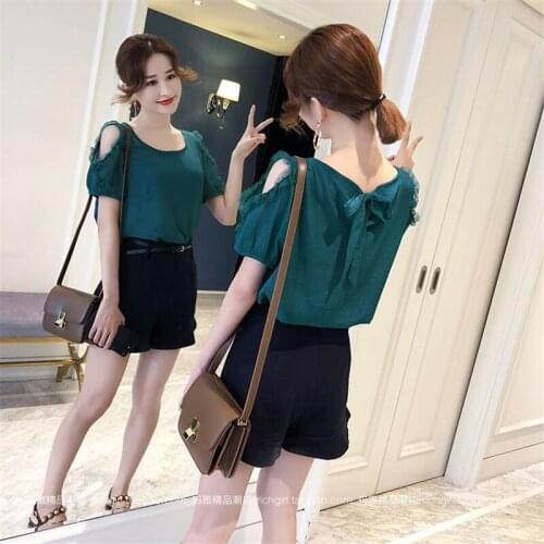 Summer Women Chiffon Fashion Bare Shoulders Lacework Blouses Casual Shirts All-Match Short Sleeve Loose Tops Blusas MM0373