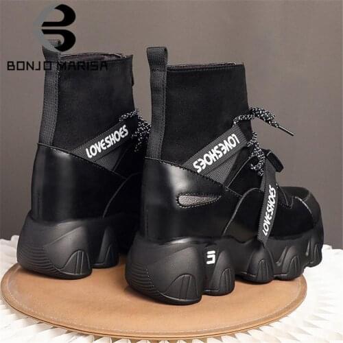 BONJOMARISA Brand Luxury Designer Platform Wedges Women Boots Sport Leisure Casual Patchwork Sneakers Socks Boots For Women