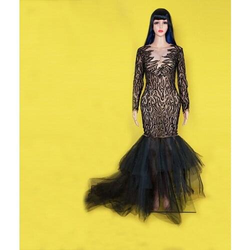 D93 Female black Rhinestone long dress singer perform stage costumes dj skirt Mermaid skirt party wears clothe rave show club ds