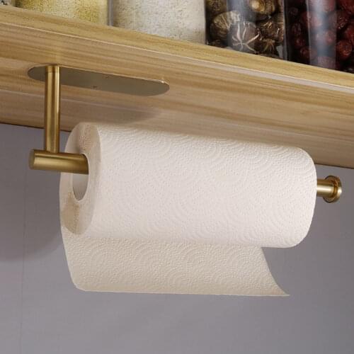 Adhesive Paper Holder Gold 304 Stainless Steel Stand Toilet Paper Towel Rack Tissue Roll Hanger for Kitchen Bathroom Free Nail