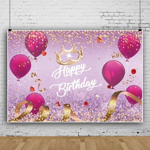 Laeacco Pink Red Balloons Birthday Celebration Ribbon Gold Crown Ribbons Poster Banner Portrait Photo Background Photo Backdrops