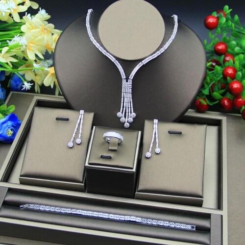 HERHOME Luxury Cubic Zirconia Necklace Bracelet Earrings and Ring 4pcs Dubai Full Jewelry Set for Women,Bridal Dress Dinner