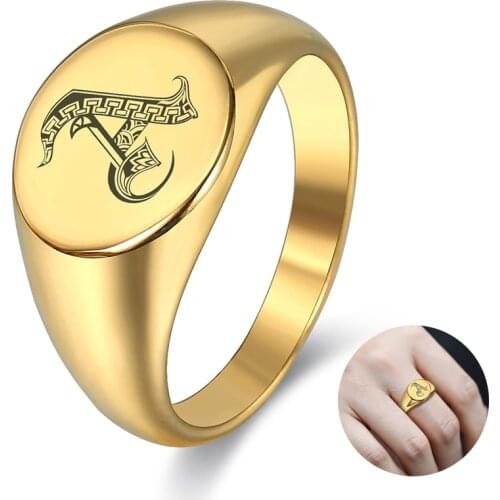Band Ring for Women 13mm Chic Initial Letter A-Z Signet Gold Color Stainless Steel Ring Wedding Engagement Custom Jewelry LHR441