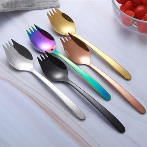 New 2 in 1 Stainless Steel Spork Salad Noodles Fork Spoon Travel Picnic Tableware
