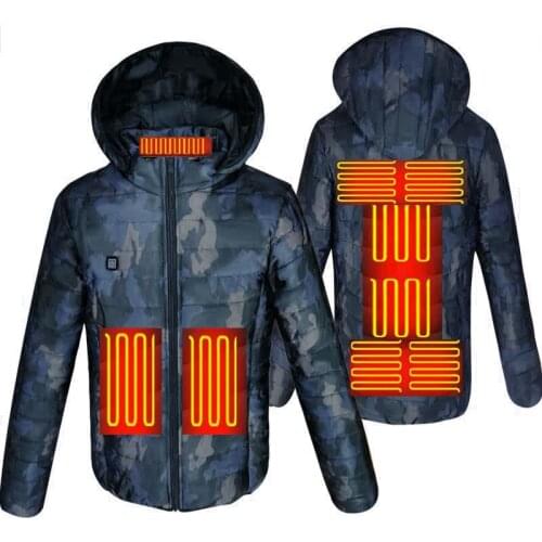Men Camouflage Heated Winter Warm Jackets USB Heating Padded Jackets Smart Thermostat Camouflage Color Hooded Heated Clothing