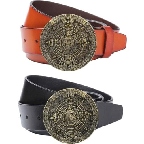 Men Western Leather Belt American Biker Gothic Aztec Buckle Classic Waistband