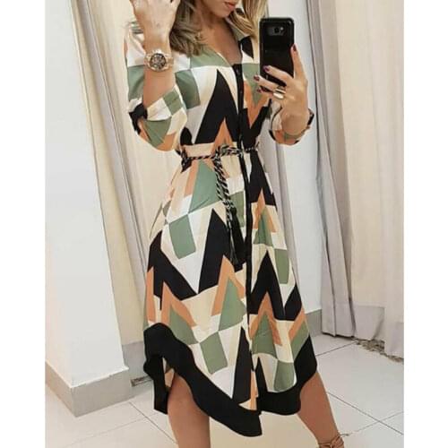 Dress Autumn Womens Fashion Dresses Ladies Wave Print V-neck Long Sleeve Casual Holiday Keen Length Dress