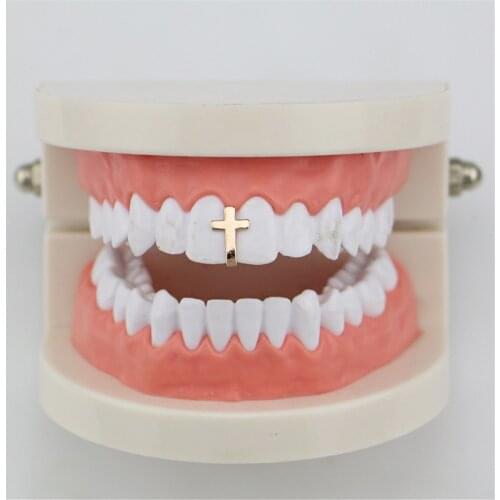 Single Cross Tooth Braces Gold Color Hip Hop Single Tooth Cap Top Bottom Grill For Jewelry Gifts Bling Custom Teeth