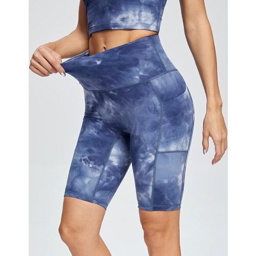 Tie-dyed Sports Short Women Gym With Pocket Running Yoga Leggings NO Front Seam High Waist Printing Fitness Biker Shorts Pant
