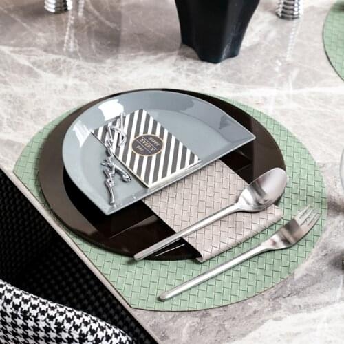 Modern Hotel Western Tableware Set Table Decoration Ornament Gray Semi Oval Ceramic Plate Brown Round Acrylic Tray Mat