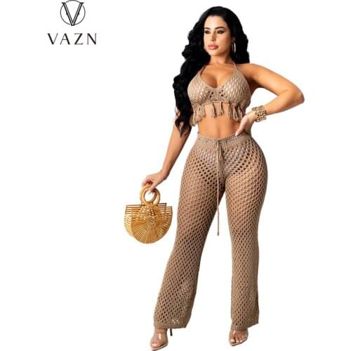 VAZN 2021 New Design Street Style Sexy Sleeveless V-neck Hole Out 2 Piece Set Solid Bandage Women Top And Pant Summer