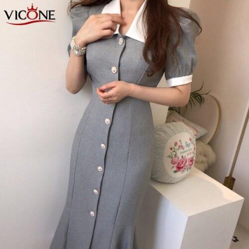 VICONE Chic new custom pearl buttons show thin tail hubble-bubble sleeve splice cultivate ones morality dress
