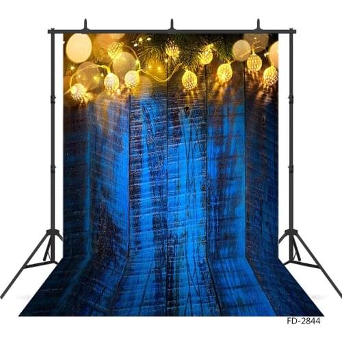 Lights String Flare Blue Wooden Board Christmas Photographic Backdrops Vinyl Background Photo Studio for Children Baby Photocall