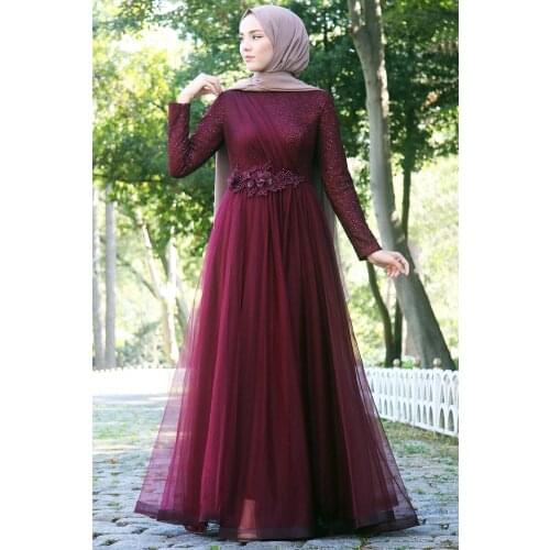 Embroidered Tulle Hijab Womens Evening Dress Muslim Hijab Party Evening Long Dress Islamic Clothing Engagement Henna Wedding