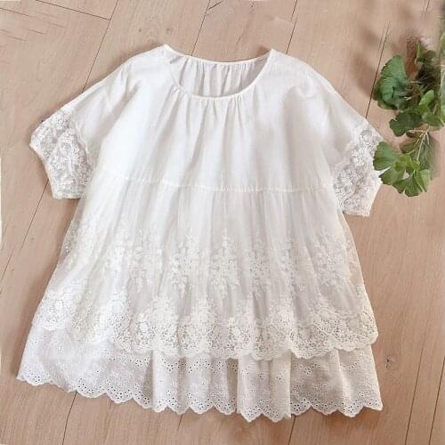 Lamtrip Boutique Lolita Sweet Wide Hem Lace Embroidery O-Neck Short Sleeve Doll Shirt Blouse Female 2021 Summer