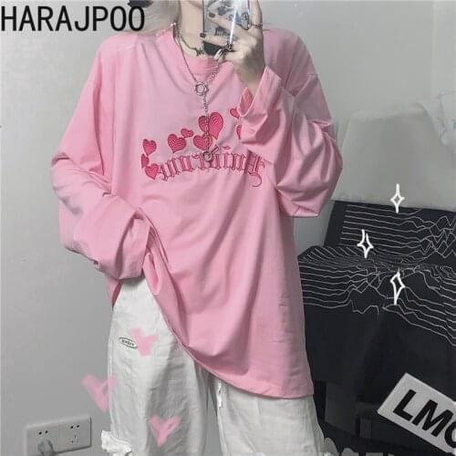 HARAJPOO Women Shirt Spring Autumn Korean INS Harajuku Street Y2k Tops Pink Little Love Embroidery Loose Long-sleeved Tees