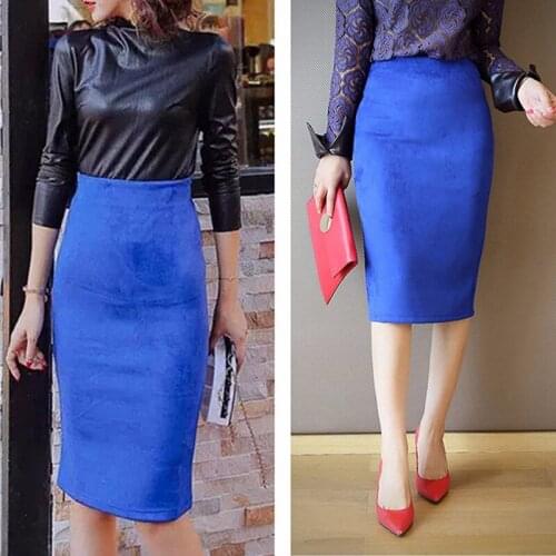 Sexy Multi Color Suede Midi Pencil Skirt Women 2021 Fashion Elastic High Waist Office Lady Bodycon Skirts Saias
