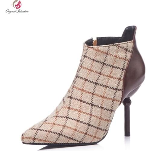 Original Intention Elegant Women Ankle Boots Pointed Toe Thin heels Shoes Woman Mature Blue Brown Plus Size 3-16