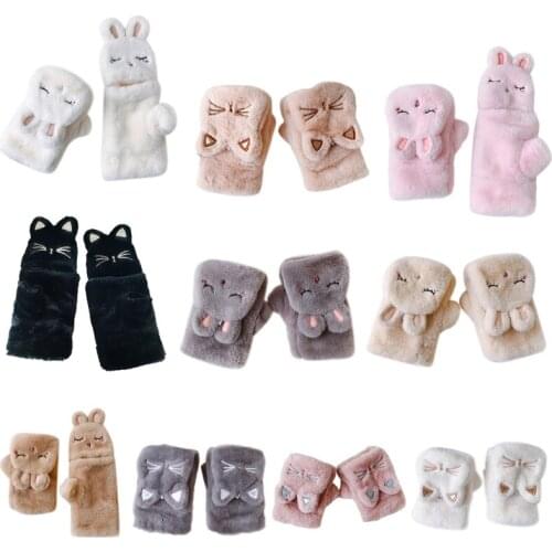 Women Men Winter Fluffy Plush Half Finger Gloves Cartoon Animal Embroidery Ears Convertible Flip Top Fingerless Mittens