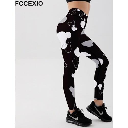 FCCEXIO Hot Sales High Waist Women Leggings Mouse Head Funny Cartoon Style Digital Printing Plus Size Workout Elastic Leggings