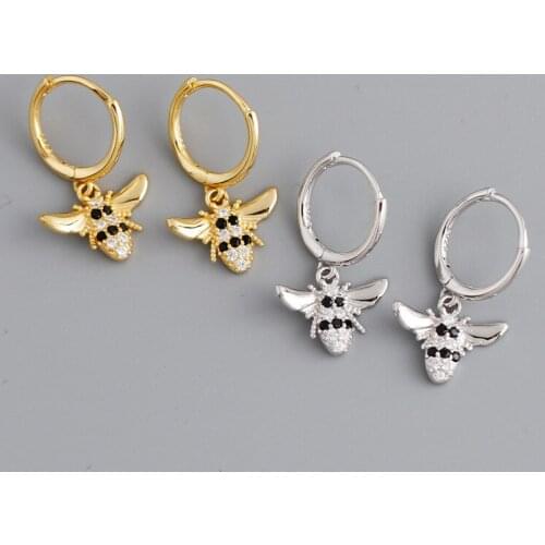 Enosola Luxury Real 925 Sterling Silver Punk Black Zircon 3D Bee Hoop Earrings Ear Buckle for Women Bohemian Insect Jewelry