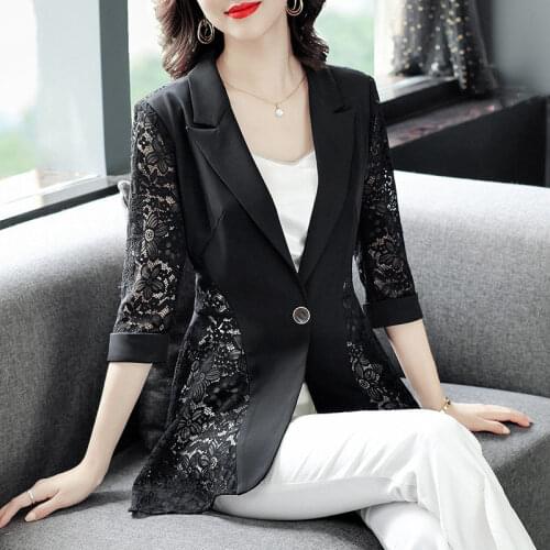 Black Lace Small Suit Jacket Female 2021 Spring Summer New Elegant Single Button Plus Size Lady Casual Thin Blazer 4XL aq368